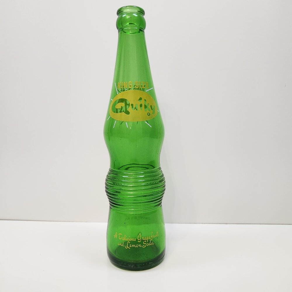 Vintage King Size Quiky Soda Bottle 10 oz Pop Green Glass ACL Grapefruit Lemon D